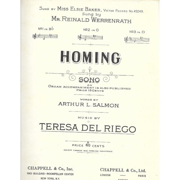 Chappell & Co., Inc. Other - Homing Sheet Music 1917 Arthur L Salmon Teresa del Riego Chappell